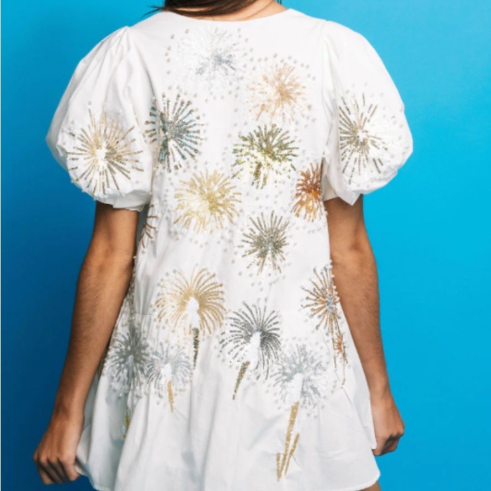 Queen of Sparkles Puff Sleeve Dress with Sequin Firework Design